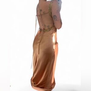 Vintage Cache Tan and gold sequin/ beaded maxi dress with open back